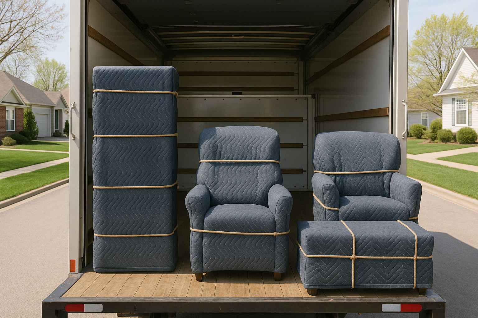 Wrapped furniture inside an open moving truck parked on a suburban street during a sunny day.
