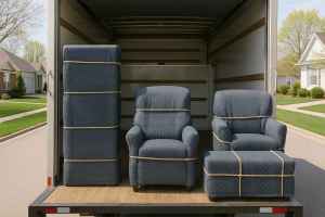 Wrapped furniture inside an open moving truck parked on a suburban street during a sunny day.