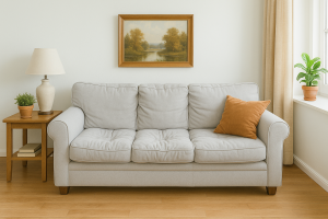 Grey couch with saggy cushions