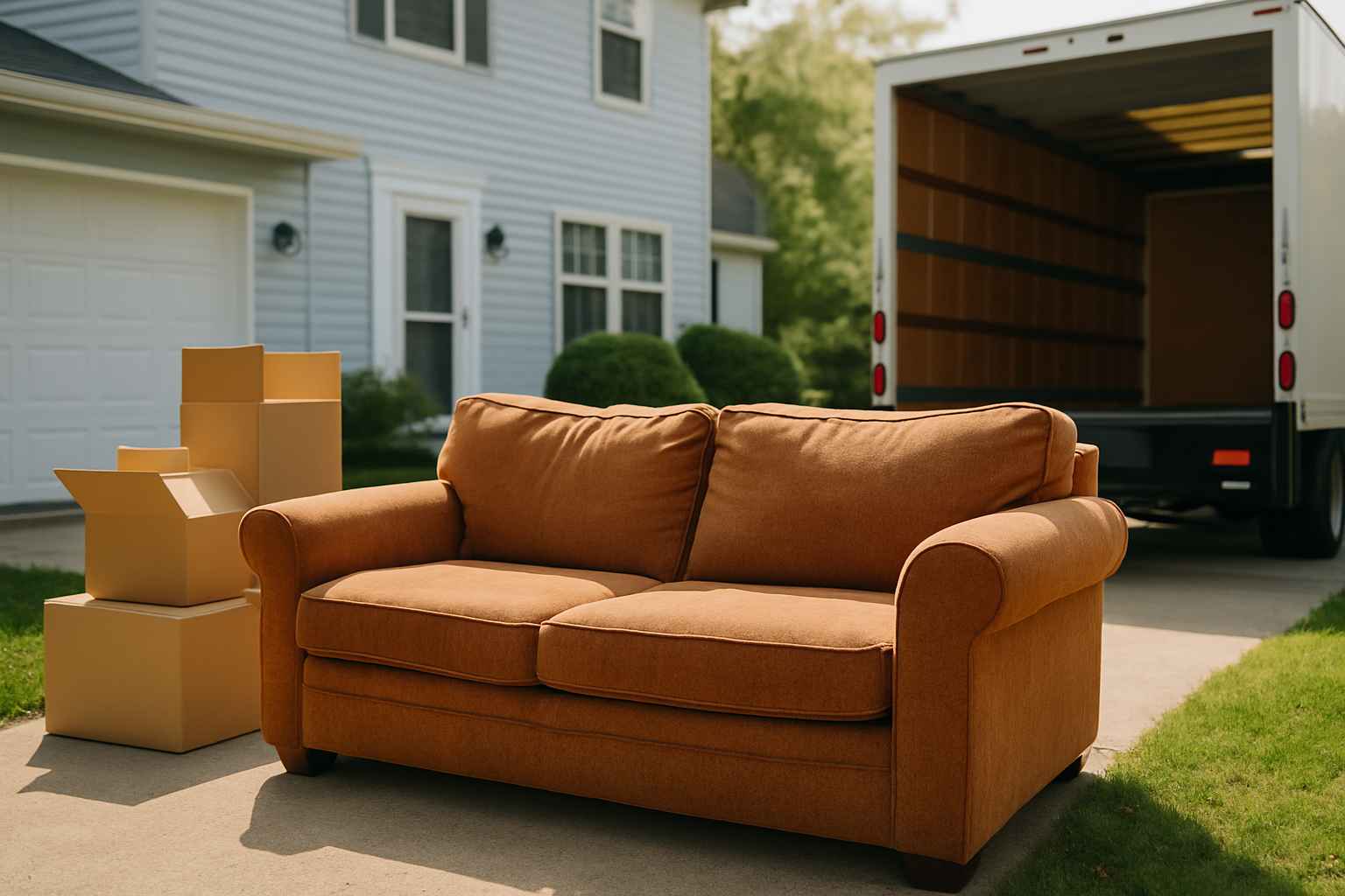 A couch ready to be removed while a house is being packed up to move.