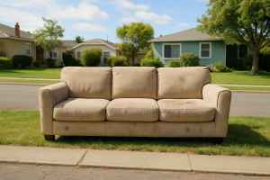 Worn beige couch left on a grassy curb in a sunny suburban neighborhood