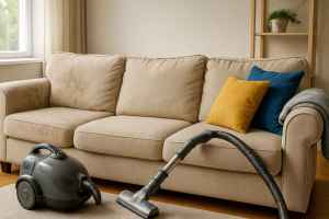 Vacuuming an old beige couch to prepare it for donation