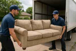 Two professional movers load a large beige couch into a white removal truck.