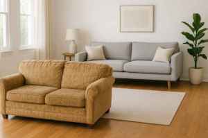 A room with a new couch and an old couch