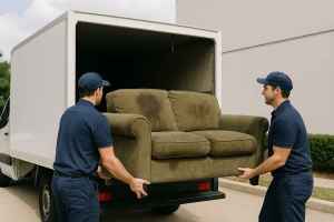 Two professional movers loading a worn green couch into a box truck for removal.