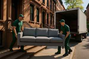 Two couch removal professionals removing an old couch from an apartment and loading it onto a truck.