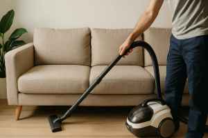 Bright living room with a clean couch free from dust mites after deep cleaning.