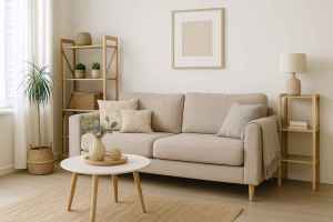Modern, clutter-free living room with a clean sofa, minimal decor, and bright natural light