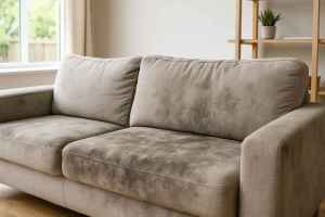 Light mold patches on beige couch in bright living room, showing early signs of upholstery damage