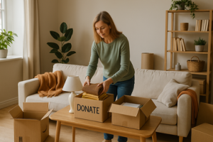 Woman working on decluttering her living room.