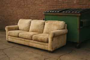 Old beige couch placed beside a green dumpster on cracked pavement