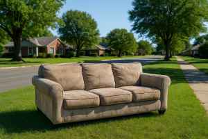 Worn beige couch abandoned on a grassy lawn in a suburban neighborhood
