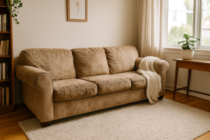 Old beige couch outside a suburban home showing typical condition of a used sofa.