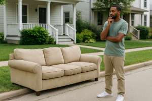 Man standing on curb next to old couch, thinking about disposal options in suburban neighborhood