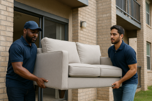Professional movers carrying a sofa out of an apartment building for hassle-free couch removal