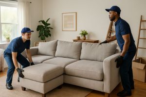 Professional movers carefully lift a large gray sectional couch through a cozy, lived-in living room with wood floors and natural light, demonstrating how to move a sectional without damaging walls or floors.