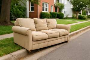 Worn beige couch left on suburban curb for bulk pickup