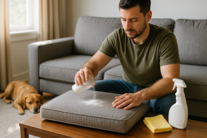man sprinkling baking soda on gray sofa cushion to remove pet odor, spray bottle and cloth on table, missing cushion on couch, dog resting in background
