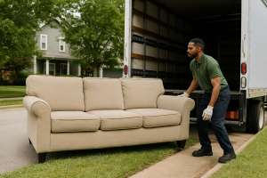 Old couch placed on curb for professional pickup