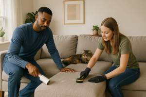 Two people use a lint roller and rubber brush to remove pet hair from a beige couch in a bright living room with a cat nearby, showing effective ways to clean pet fur from furniture.