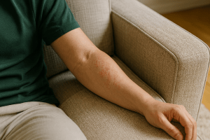 Person with red rash on arm caused by sofa dermatitis while resting on fabric couch
