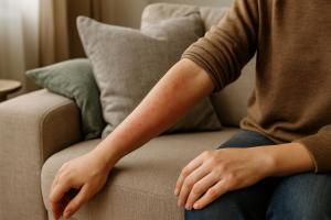 Close-up of a person’s arm resting on a sofa showing mild redness and irritation, illustrating skin sensitivity and allergic reactions caused by couch fabrics and materials.