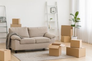 Living room packed for a fall apartment move with furniture and cardboard boxes ready for removal.