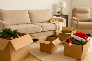 Bright, organized living room with holiday decor and minimal clutter, symbolizing decluttering and responsibly removing unwanted furniture before the holiday season.