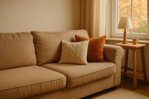 Cozy fall living room with a beige couch, warm lighting, and autumn decor during seasonal fall cleaning.