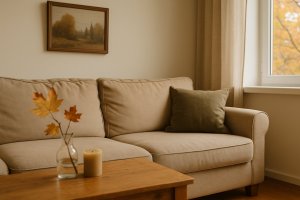 A cozy living room with a beige couch and soft fall light, showing how indoor furniture can collect dust and allergens during autumn.
