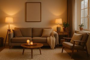 Cozy modern living room featuring a comfortable sofa, soft blankets, and seasonal decor, representing items homeowners can replace before winter for a warmer, refreshed space.