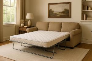 A large sleeper sofa extended into a bed, showing how bulky furniture can be hard to move or dispose of without help from Couch Disposal Plus.