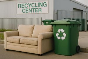 Old upholstered couch next to a recycling bin outside a facility, representing furniture recycling and sustainable disposal.