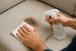 Man cleaning grease stain on a fabric couch using a cloth and spray bottle of soapy water in bright natural light.