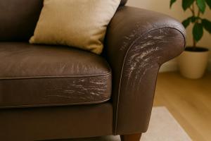 Close-up of cat-scratched brown leather couch arm showing realistic claw marks and surface wear before repair.