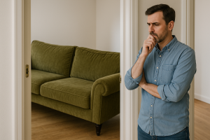 A man stands in a doorway looking at a couch that won’t fit through, thinking about whether he’ll need to cut the couch apart to get rid of it or hire a couch removal company.