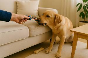 Golden retriever being redirected from chewing a couch to playing with a colorful rope toy in a bright living room.