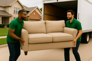 Professional haulers carrying an old couch to a removal truck for safe, legal disposal.