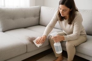 Person cleaning a fabric couch cushion with a cloth and spray bottle to remove a stain in a bright living room.