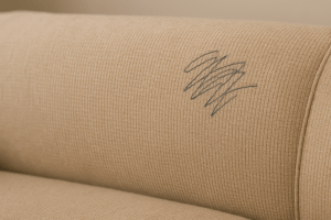 Small marker scribble on the back of a beige fabric couch.