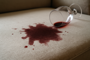 Red wine spilled on a fabric couch ready to be cleaned.