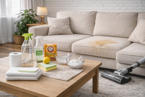 Cleaning supplies arranged on a coffee table in front of a beige couch with a visible urine stain.