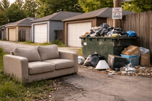 Couch left next to an overflowing dumpster in an alley showing improper furniture disposal
