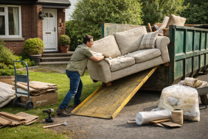 Man loading a large couch into a dumpster outside a home, showing a way to dispose of furniture without a truck.