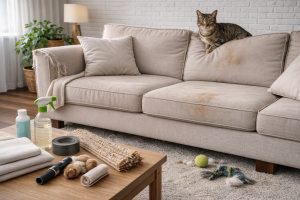 Lightly worn couch with pet stains and minor fabric damage, with a cat resting on the back in a living room.