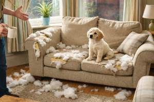 Pet-damaged couch with stuffing exposed as a dog sits on the sofa, showing why safe furniture disposal is necessary.
