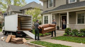 Couch being professionally removed as part of spring cleaning.