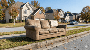 Couch sitting on curb ready for couch removal.